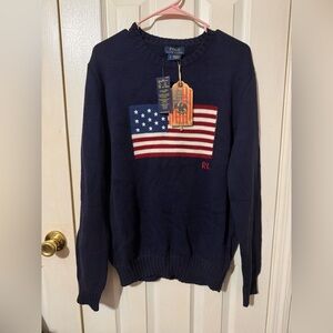 Polo by Ralph Lauren Men's Dark Blue Sweater with Flag Design